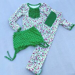 Sugar Bee Girls Floral Ruffle Pajama Set Green Pink White 3 Piece Set Size 7